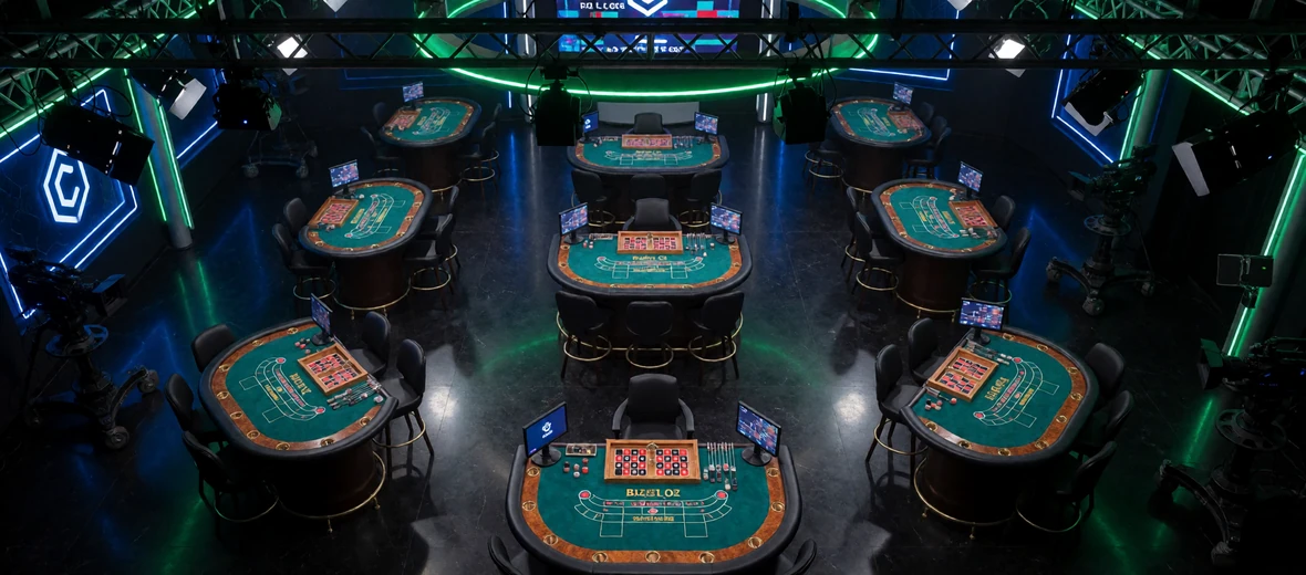 Live Casino Studio von oben mit mehreren Dealer-Tischen und Broadcast-Kameras bei Jack Casino
