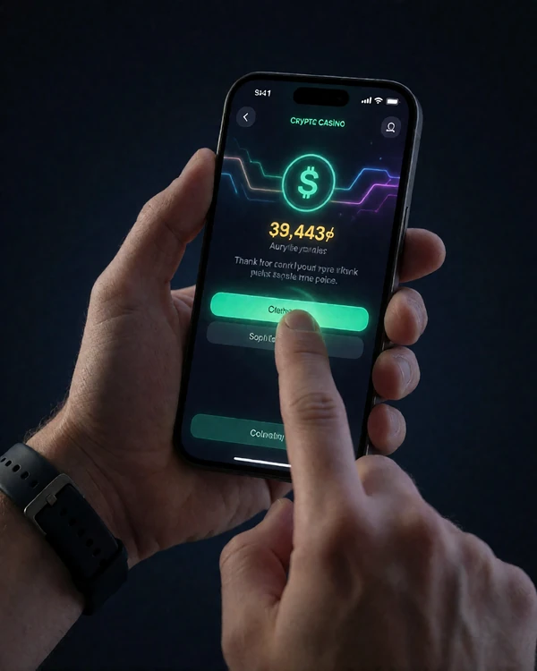 Hand tippt auf Rakeback-Claim-Button in der dunklen Jack Casino App mit neongr&uuml;nem Best&auml;tigungsleuchten