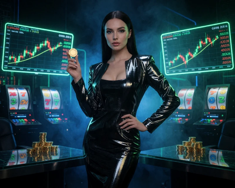 Modell in modernem Casino-Lounge-Setting mit Krypto-Neon-Reflexionen bei Jack Casino