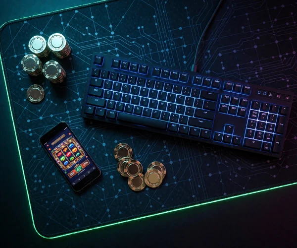 Gaming-Desk mit Neon-Tastatur, Slot-Reels auf dem Smartphone und Chrome-Casinochips bei Jack Casino