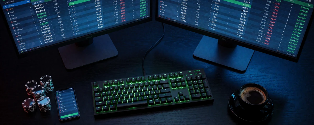 Wett-Analystenschreibtisch mit zwei Monitoren voller Live-Quoten und Neon-Tastatur bei Jack Casino