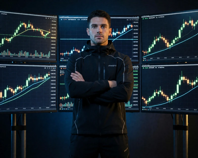Mann in Tech-Wear-Jacke vor Monitorwand mit Krypto-Charts - Krypto Zahlungen bei Jack Casino