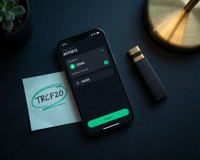 Flat-Lay mit Smartphone-Wallet, Hardware-Wallet und TRC20-Notiz - Krypto einzahlen im Casino