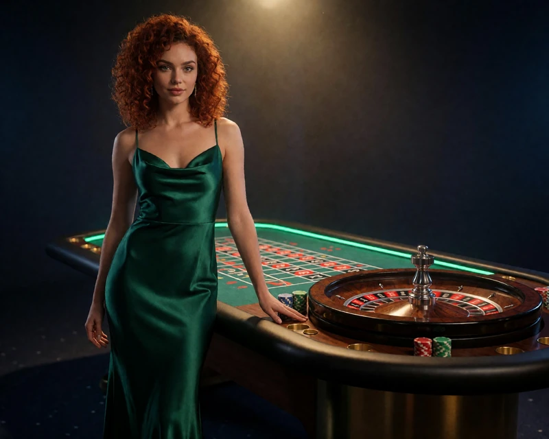 Elegantes Modell in smaragdgr&uuml;nem Abendkleid am Live-Roulette-Tisch im Jack Casino Studio