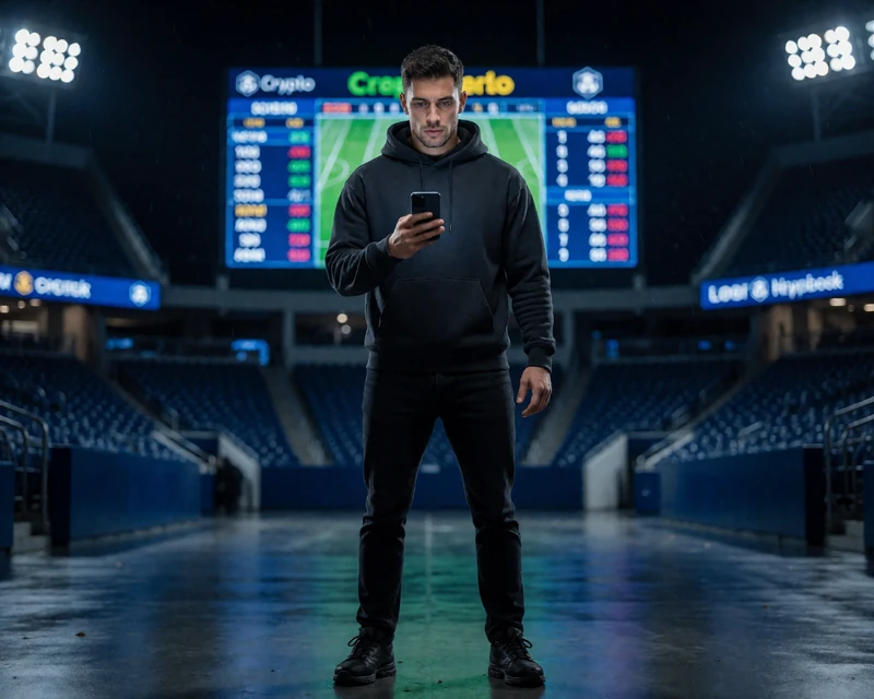 Sportfan im Hoodie checkt Live-Quoten auf dem Smartphone in einer Stadionarena bei Nacht - Sportwetten mit Krypto