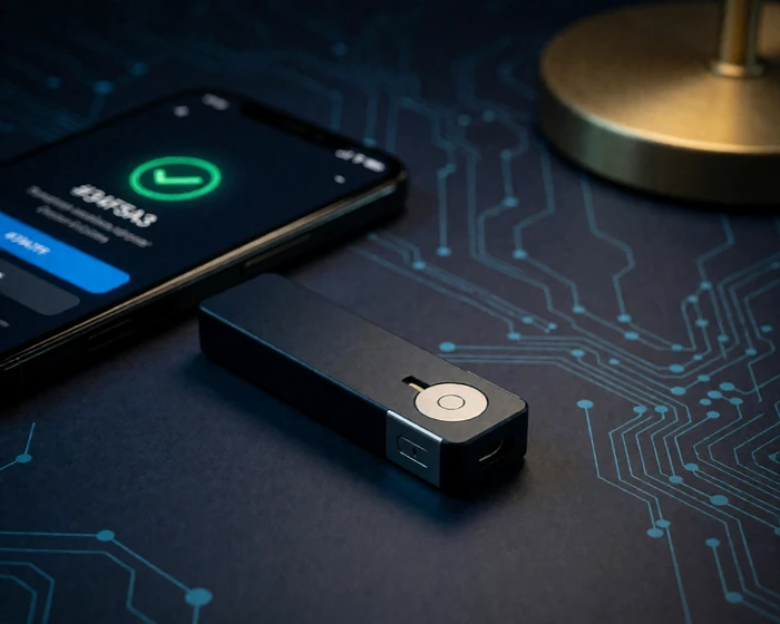 Hardware-Wallet neben Smartphone mit gr&uuml;ner Transaktionsbest&auml;tigung - Bitcoin Auszahlung im Casino